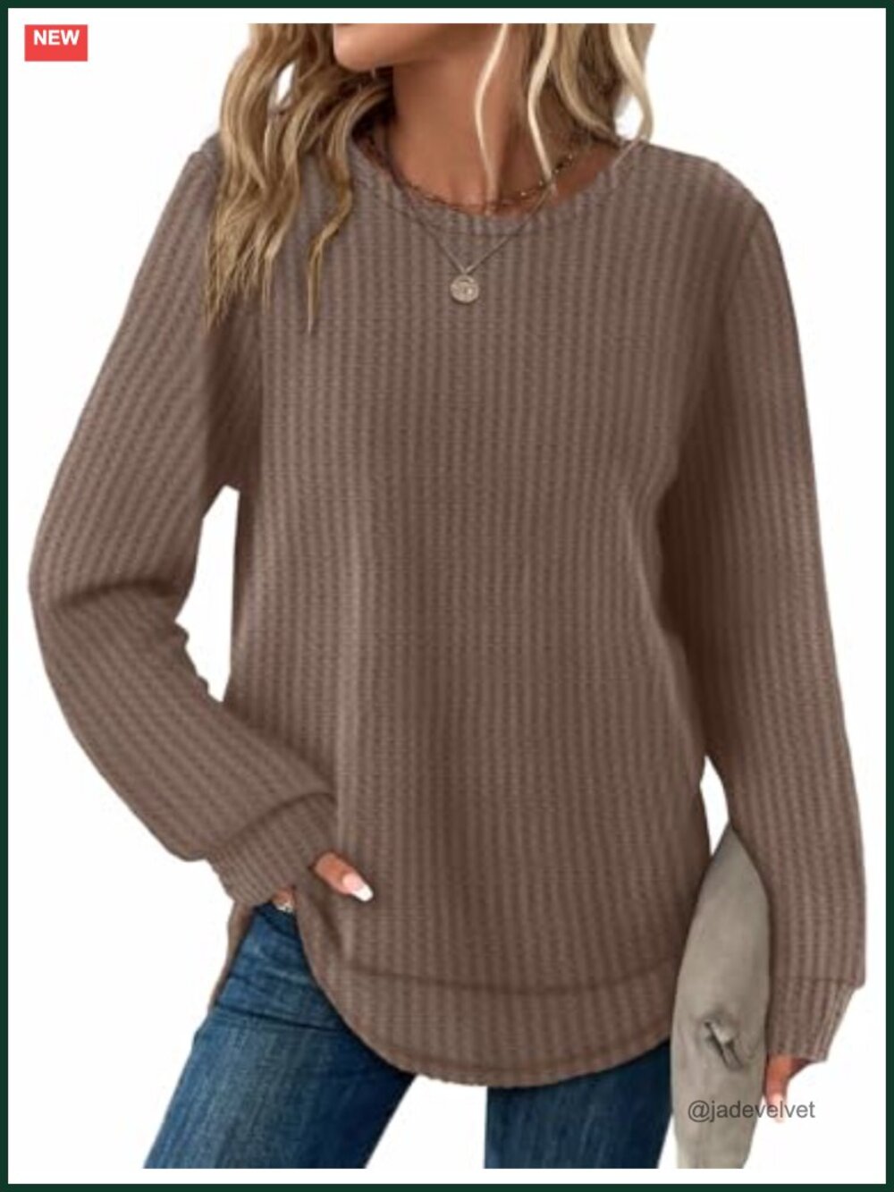 Womens Waffle Knit Tunic Top Long Sleeve Curved Hem Shirt